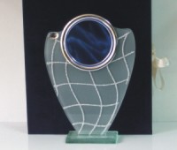 Trofeu sticla cu disc aluminiu albastru