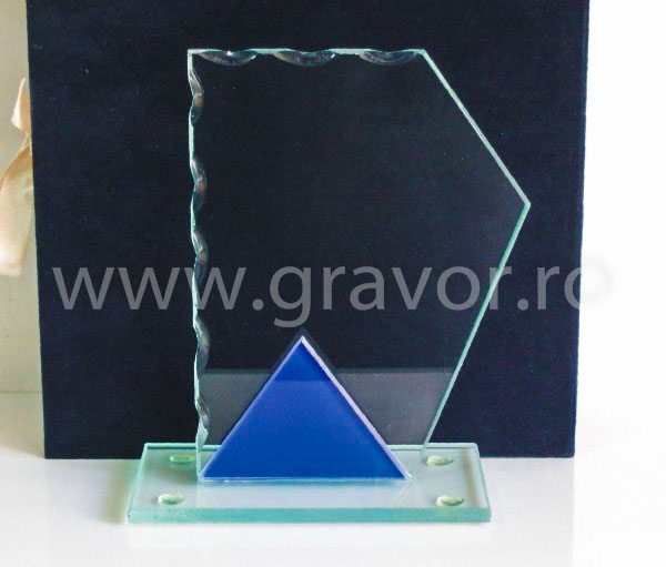 Trofeu din sticla pentagonal cu insert albastru